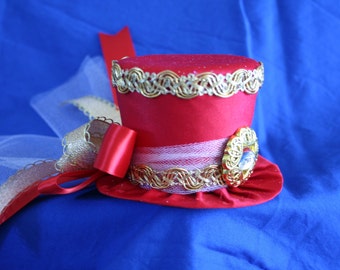 Circus Carnival Mini Top Hat, Red and Gold, Ribbons,Tulle - Birthday, Ringmaster, Wedding, Mardi Gras