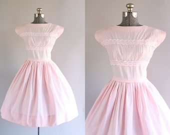 Vintage 1950s Dress / 50s Cotton Dress / Pretty Pink Dress w/ Lace Trim and Shelf Bust XS/S