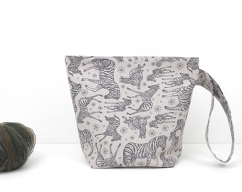 Zebra knitting project bag with snaps, grey small knitting bag, wild animal crochet storage
