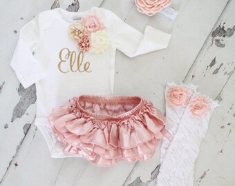 Newborn Baby Girl Coming Home Outfit Set of up to 4 Items, Blush Ruffle Diaper Cover Rose Leg Warmers Personalized Floral Bodysuit Valentine