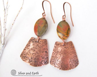 Red Creek Jasper Earrings, Copper Earrings Handmade, Jasper Jewelry, Copper Metalwork Jewelry, Natural Stone Earrings, Artisan Jewelry