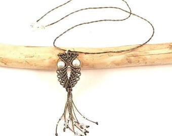 Micro khaki macrame OWL necklace