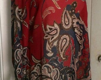 Vintage Sheer Red & Blue Paisley Long Tunic Top Blouse Size Medium