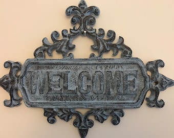 Welcome Sign or Plaque - Cast Iton - Farmhouse Vintage -French Country Decor - Rustic Blue