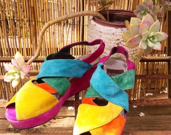 VINTAGE 70s 80s colorful Paprika wedge slingback platform shoes / boho gypsy festival / 8.5 8 1/2