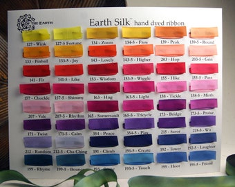 Hand Dyed Silk Ribbon 87 color Earth Silk sample set 1" cuttings of 5/8" solid colors.