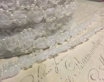 White Sheer Organza and Pearl Bead scalloped trim approx 1/2" wide