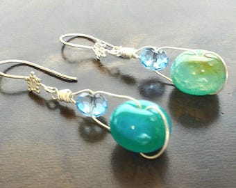 Blue Earrings, Agate Earrings,Sterling Silver Earrings, Swarovski Earrings, Gemstone Earrings, Wired Earrings,Holiday Gifts for Her under 50