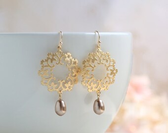 Champagne Bronze Teardrop Pearl Gold Filigree Earrings, Boho Chic, Moroccan, Gold and Champagne Dangle Earrings, Wedding Bridal Earrings