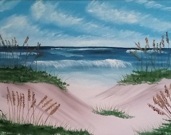 Beach painting with sand dunes sea oats sea grass and and