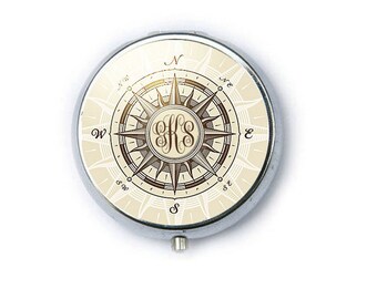 Personalize Compass Monogram Compact Mirror, Two way 2x Magnifying Make Up Pocket Mirror
