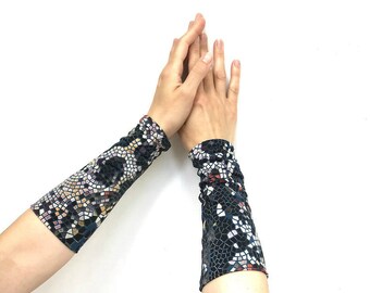 Multicolor long arm warmers, black arm covers fingerless gloves tattoo covers long sleeve armwarmers texting gloves mittens