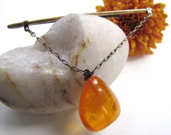Amber, Vintage Baltic Amber Tie Bar, Amber Tie Bar, Egg Yolk Amber Pendant, 875 Russian Silver, Amber Tie Clip, Man's Wedding Jewelry