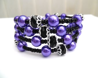 Purple and Black Bracelet, Wrap Bracelet, Bangle Style, Bridesmaids Jewelry, Plus Size Bracelet, Chunky Bracelet, One Size Jewelry, Wedding