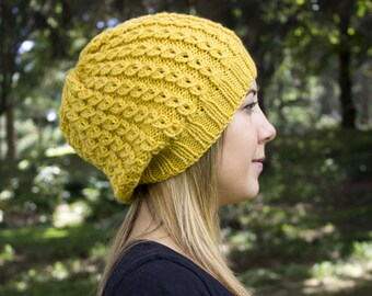 Yellow Slouchy Knit Hat - Yellow Vegan Hat - Boho Hat - Hipster Hat - Hippie Hat - Womens Tam - Mens Beanie - Handknit - Gift for Her