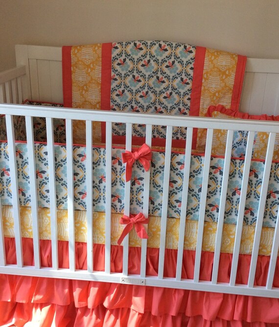 Sweet as Honey Complete Crib Bedding Set Blue Yellow and Coral