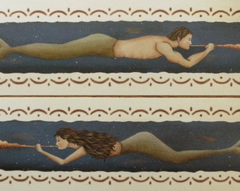 MERMAID and MERMAN Conch Shell Prints. New England Style Folk Art Donna Atkins