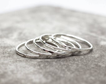 Sterling Silver Stacking Ring - Thin Stackable Rings- 925 Silver Ring Set, Thin Silver Hammered Ring- Dainty Petite Rings