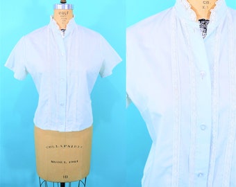 1960s cotton blouse | baby blue TLC lace short sleeve blouse | vintage 60s blouse | W 37"