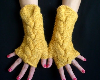 Fingerless Gloves Cabled Mustard / Yellow Wrist Warmers Warm and Soft Large Size