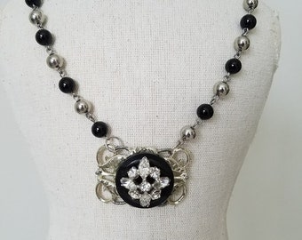 Repurposed Black and Silver Bead Stainless Steel Necklace~Repurposed Vintage Jewelry Pendant Necklace~Vintage Button Rhinestone Necklace