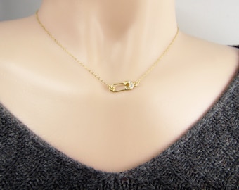 Small safety pin necklace, gold safety pin, silver safety pin, side safety pin necklace