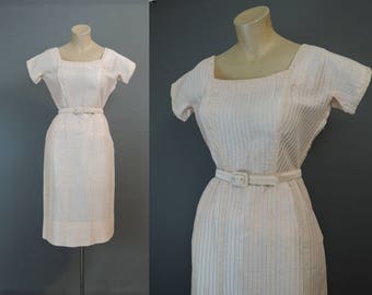 Vintage 1950s Pink Dress 36 inch bust, Rayon Pintucks Sheath Dressy, Fitted Sheath