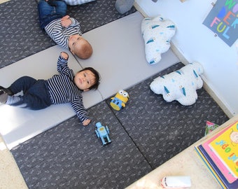 Baby Play Mat, Padded Play Mat, Padded Playmat, Folding Play Mat in gray blue Jeans and sharks print