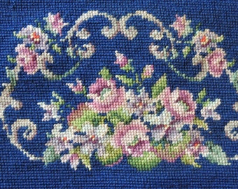 Vintage Unfinished Floral Needlepoint Handbag / Floral Needlepoint / Blue Floral Needlepoint / Floral Needlework / Unfinished Needlepoint
