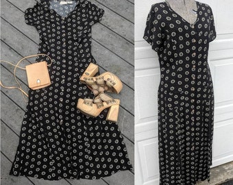 Vintage 90's Floral Button-Up Midi Dress, M