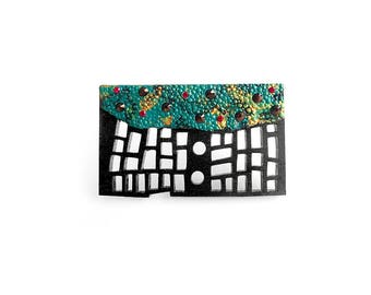 Brooch - modern, contemporary jewelry design, geometric, FREE Shipping, unique, lasercut wood, Swarovski crystals, polymer clay, steel