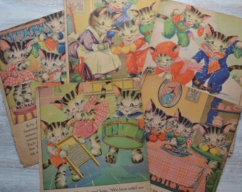 5 Vintage Ruth Newton Kittens Children's Book Pages