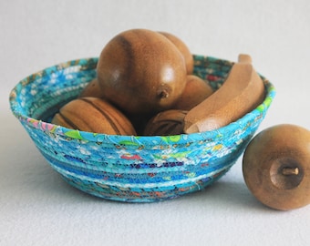 Fabric Coiled Basket / Coiled Clothesline Bowl / Rope Basket / Fabric Pottery / Teal Bohemian Medium Round by PrairieThreads
