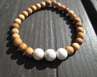 Howlite and Wood Beaded Elastic Bracelet