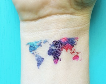 watercolor map tattoo world map temporary tattoos blue purple red pink tattoo bohemian festival wanderlust fake tattoos spring break tattoos