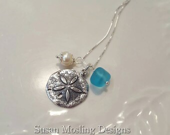 Meaningful Sand Dollar, Sea Glass, Freshwater Pearl Sterling Silver Necklace