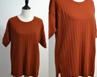 Brown / 70s 80s Oversized Sweater / Medium M / Large L / Slouchy Sweater / Textured Sweater / Short Sleeve Sweater / 1970s 1980s