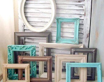 Coastal Vintage Picture Frames, Aqua, Gray, Set of 10 Painted Vintage Frames, MADE to ORDER Cottage Chic Frame Gallery, Ornate Frames
