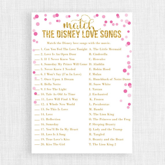 card 5x7 printing Shower Game Match Love Printable Bridal Disney the Songs