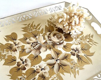 vintage gold cream toleware tray metal floral tray large decorative tray shabby chic decor