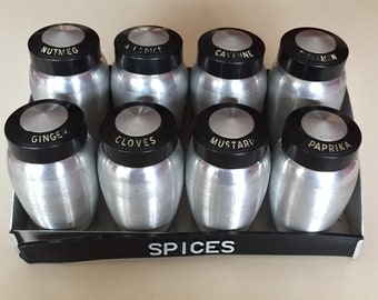 Kromex Spice Jar Set, 8 Kromex Spice Jars With Rack, Mid Century Kitchen