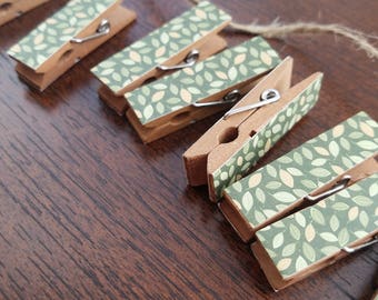 Baby Shower Clothesline Gift - Green Feathery Woodland Leaves - Chunky Mini Clothespin Clips w Twine for Display - Set of 12 - Country Chic