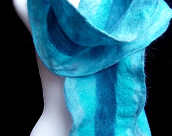 Felted Scarf Turquoise Medium Blue Ruffled Wavy Merino Wool Long