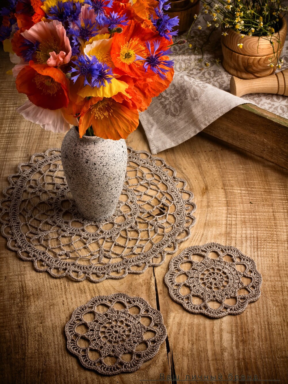 Crochet coasters set of 3 NATURELLE Crochet lace coasters