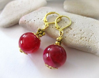 Pink Agate Earrings | Lever Back Earrings | 18K Gold Earrings | Pink Stone Earrings | Fuchsia Earrings | Stone Earrings | Pink and Gold