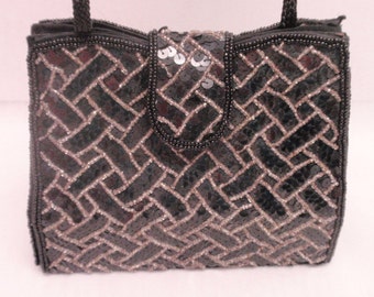 Vintage Evening Sequence Beaded Black Bag. Formal Sequence and Beaded Purse. Small Formal Sequence and Beaded Bag. Clutch and Crossbody