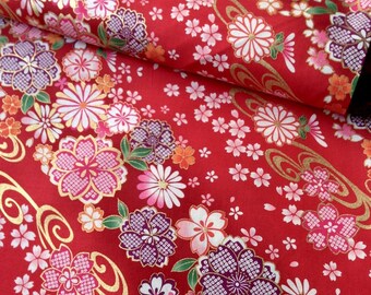 Japanese fabric, flowers, red background 110 x 50 (267)