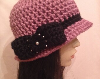 Crochet 20s Style Cloche Hat Pink with Black Bow