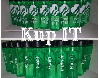 Girl Scout water bottle set of personalized with name and troop number green 24 Oz water bottle with flip sip lid and straw quantity 8-10