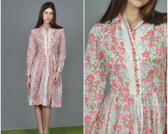 1950s Pink Carnation dress | vintage 1950s dress | pink floral white cotton 50s dress